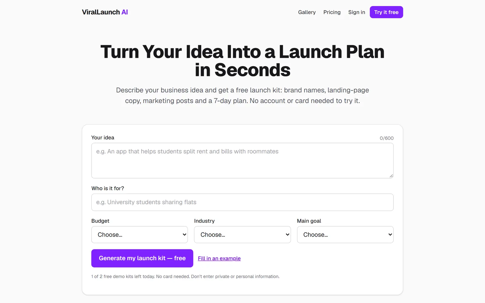 The ViralLaunch AI generator: a form where you describe your idea, who it's for, your budget, industry and main goal.