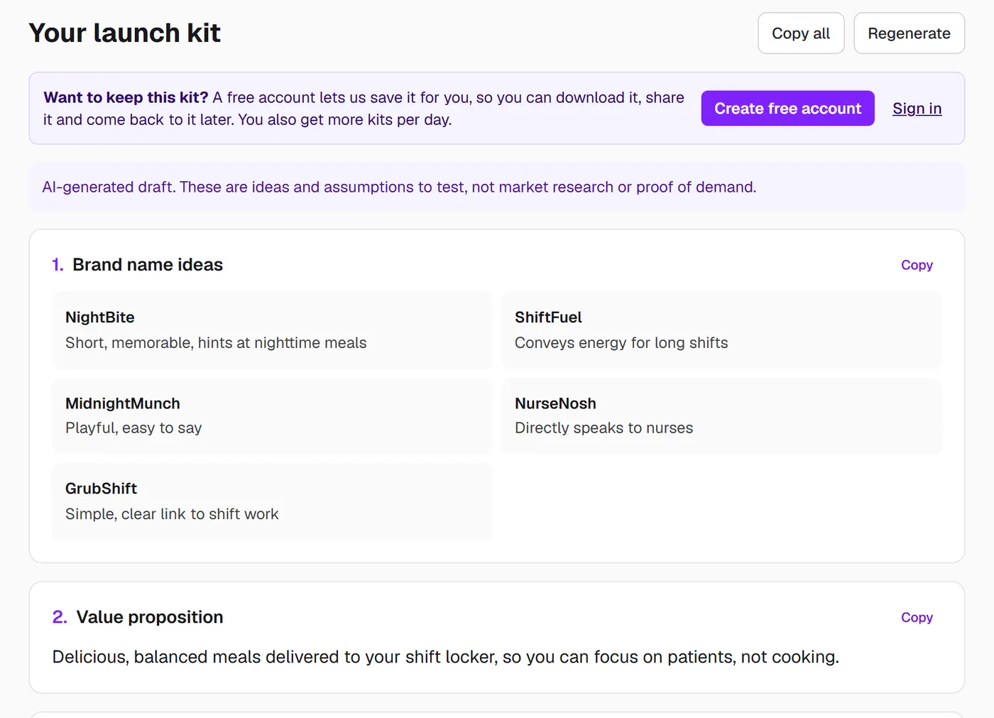 A launch kit with five AI-generated brand name ideas for a night-shift meal-prep idea, and a one-line value proposition.